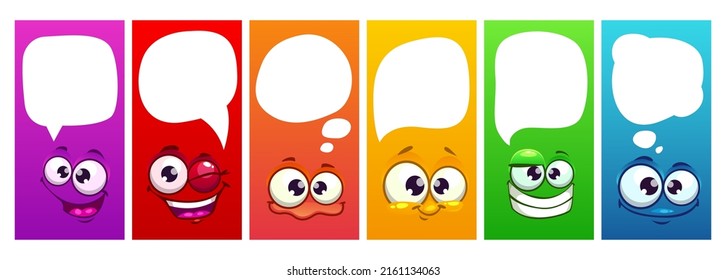 Set of colorful funny childish stickers with comic cartoon faces and speech bubbbles. Vector template for web or typography design.