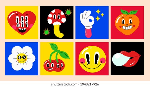 Set of colorful funny cute comic characters for vintage retro logos and branding. Cartoon style. Flat design. Isolated vector illustrations.