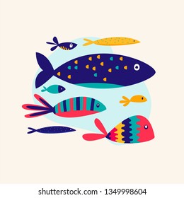 Set of colorful, funny, different cartoon fishes