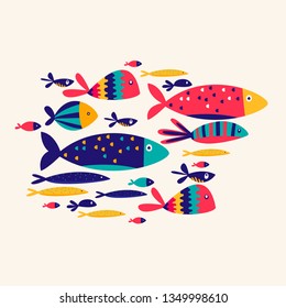 Set of colorful, funny, different cartoon fishes