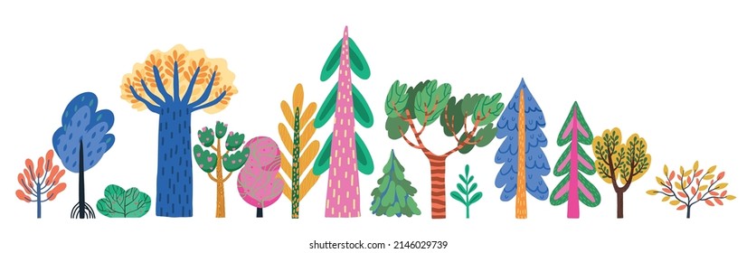 set of colorful funny fairytale trees for children's books - flat hand drawn vector illustration