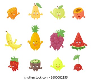 Set of colorful funny fruits. Cute character in cartoon style. Flat vector illustration