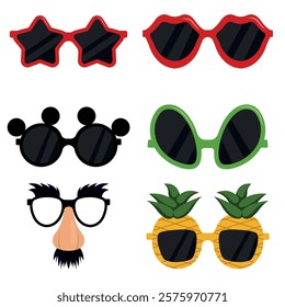 Set of colorful funny glasses in cartoon style. Vector illustration of bright party glasses with different designs alien with false nose, eyebrows, pineapples isolated on white background.