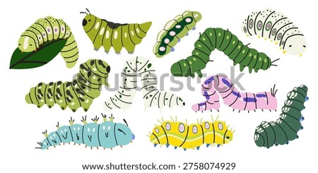 Set of colorful funny hand drawn caterpillars and larvae. Cute cartoon insect collection for nature education, kids books, stickers, scrapbooking and nursery decor. Vector illustrations