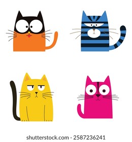 Set of Colorful Funny Naughty Cat Pet Animal Cartoon Character with Cute Expression