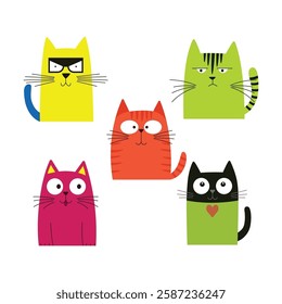 Set of Colorful Funny Naughty Cat Pet Animal Cartoon Character with Cute Expression