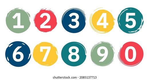 Set of colorful funny numbers for kids on white background. Brush stroke circle texture. Vector illustration.