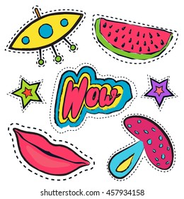 Set of colorful funny pin badges. Collection of bright vector cartoon style patches and stickers