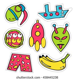 Set of colorful funny pin badges. Collection of bright vector cartoon style patches and stickers