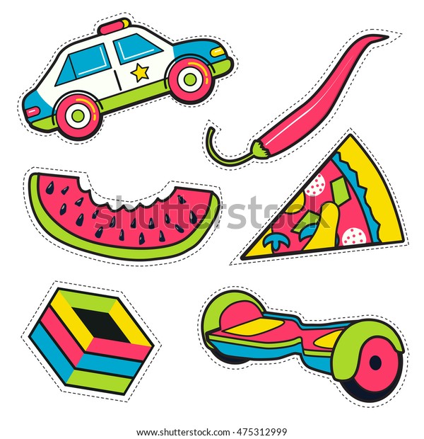 Set of colorful funny pin\
badges. Collection of bright vector cartoon style patches and\
stickers