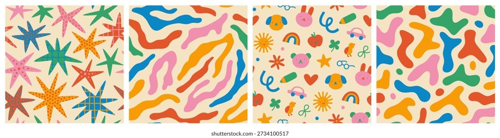 Set of colorful funny seamless pattern for children or maximalist background. Multi color creative hand drawn doodle toy texture, organic animal print illustration, celebration star design drawing.