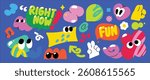 Set of colorful funny shape element vector. Collection of cartoon characters, cute doodle dawn, geometric, speech bubble with fun eye. Design for decorative, sticker, toys and kids.