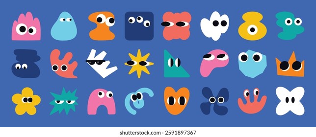 Set of colorful funny shape element vector. Collection of cartoon characters, cute doodle dawn, geometric, organic shape with fun eye. Design for decorative, sticker, toys and kids.