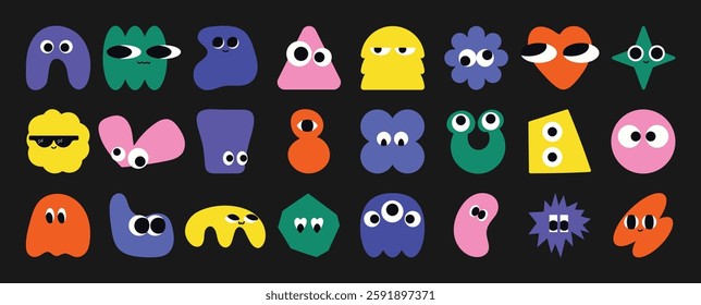 Set of colorful funny shape element vector. Collection of cartoon characters, cute doodle dawn, geometric, organic shape with fun eye. Design for decorative, sticker, toys and kids.