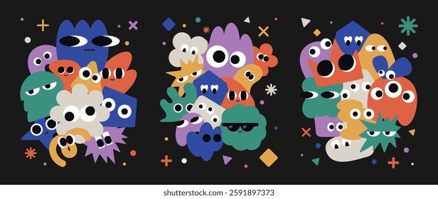 Set of colorful funny shape element vector. Collection of cartoon characters, cute doodle dawn, geometric, organic shape with fun eye. Design for decorative, sticker, toys and kids.