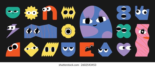 Set of colorful funny shape element vector. Collection of cartoon characters, cute doodle dawn, geometric, organic shape with fun eye. Design for decorative, sticker, toys and kids.