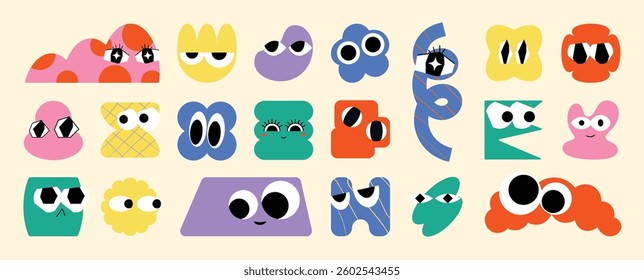 Set of colorful funny shape element vector. Collection of cartoon characters, cute doodle dawn, geometric, organic shape with fun eye. Design for decorative, sticker, toys and kids.