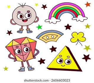Set of colorful funny shape element vector. Collection of cartoon characters, cute doodle dawn, geometric, organic shape with fun eye. Design for decorative, sticker, toys and kids
