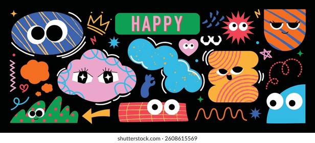 Set of colorful funny shape element vector. Collection of cartoon characters, cute doodle dawn, geometric, speech bubble with fun eye. Design for decorative, sticker, toys and kids.