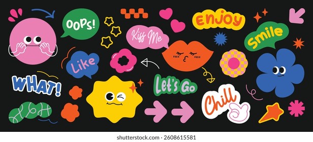 Set of colorful funny shape element vector. Collection of cartoon characters, cute doodle dawn, geometric, speech bubble with fun eye. Design for decorative, sticker, toys and kids.