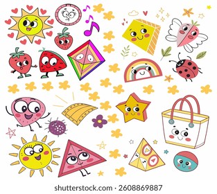 Set of colorful funny shape element vector. Collection of cartoon characters, cute doodle dawn, geometric, organic shape with fun eye. Design for decorative, sticker, toys and kids