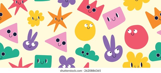 Conjunto de colorido engraçado elemento forma vetor padrão sem costura. Coleção de personagens de desenhos animados, bonito doodle dawn, geométrico, forma orgânica com olho divertido. Design para decoração, adesivo, brinquedos e crianças.