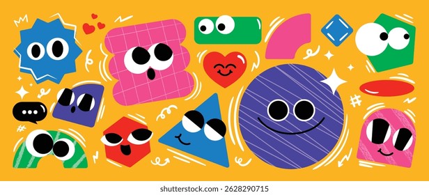 Set of colorful funny shape element vector. Collection of cartoon characters, cute doodle dawn, geometric, speech bubble with fun eye. Design for decorative, sticker, toys and kids.
