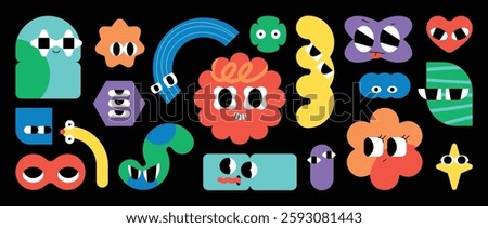 Set of colorful funny shape element vector. Collection of cartoon characters, cute doodle dawn, geometric, organic shape with fun eye. Design for decorative, sticker, toys and kids.