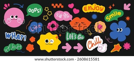 Set of colorful funny shape element vector. Collection of cartoon characters, cute doodle dawn, geometric, speech bubble with fun eye. Design for decorative, sticker, toys and kids.
