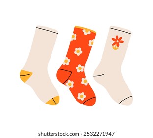 Set of colorful and funny socks. Variety of funny socks with different textures isolated on white background. Vector illustration fashion collection trendy clothes. Colorful pastel cute socks.