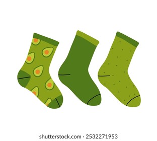 Set von bunten und lustigen Socken. Verschiedene lustige Socken mit verschiedenen Texturen einzeln auf weißem Hintergrund. Vektorgrafik Modekollektion trendige Kleidung. Farbenfrohe pastellsüße Socken.