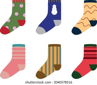 Set of colorful and funny socks.Vector illustration of funny socks with different textures isolated on white background. Collection trendy cute socks.