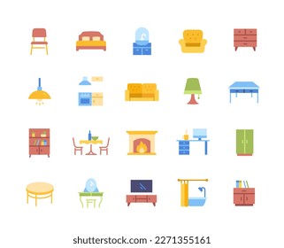 Set of Colorful Furniture Related Icons. Wardrobe, bookshelf, work desk, TV and washstand for stylish home interior. Design elements for stickers. Cartoon flat vector collection isolated on white