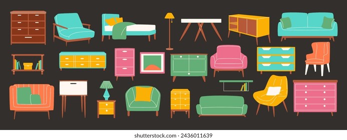 Set of colorful furniture in scandinavian style. Sofa, table, wardrobe, armchair, chest of drawers