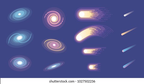 Set of colorful futuristic galaxies comets and asteroids