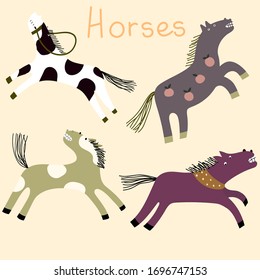 Set of colorful galloping horses on the pink background. Cute vector childish illustration. 