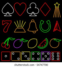 Set of colorful gambling icons in neon style