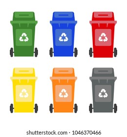 Set of colorful garbage cans on white background. Ecology and recycle concept. Vector Illustration.