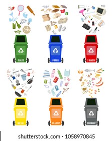 Set of colorful garbage cans with sorted garbage on white background. Ecology and recycle concept. Vector Illustration.