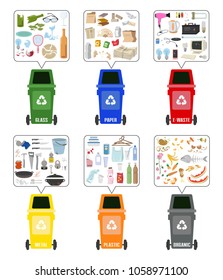 Set of colorful garbage cans with sorted garbage on white background. Ecology and recycle concept. Vector Illustration.