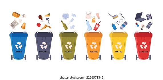 Set of colorful garbage containers for waste sorting flat style, vector illustration isolated on white background. Recycling, care for environment, ecology concept