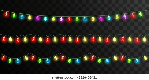 Set of colorful garland, festive decorations. Glowing christmas lights on dark background. Vector seamless horizontal objects.