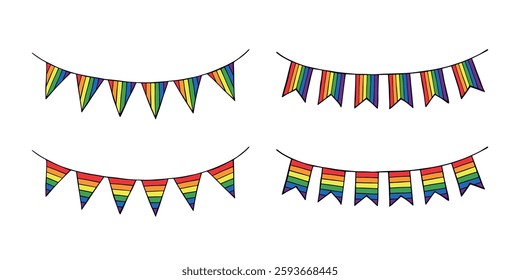 Set of colorful garland Gay pride flag Happy pride day LGBTQIA community Pride Month Vector hand drawn doodle for posters, stickers, logo, cards