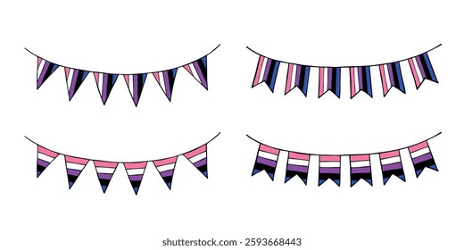 Set of colorful garland Gender fluid pride flag Happy pride day LGBTQIA community Pride Month Vector hand drawn doodle for posters, stickers, logo, cards