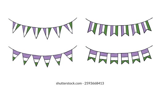 Set of colorful garland Genderqueer pride flag Happy pride day LGBTQIA community Pride Month Vector hand drawn doodle for posters, stickers, logo, cards