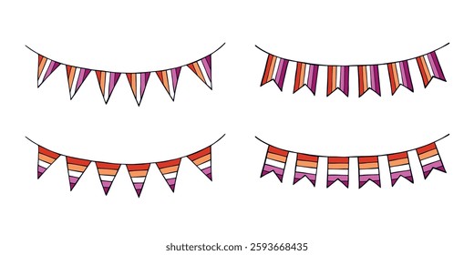 Set of colorful garland Lesbian pride flag Happy pride day LGBTQIA community Pride Month Vector hand drawn doodle for posters, stickers, logo, cards