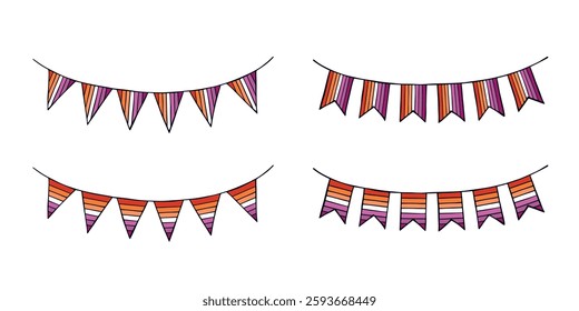 Set of colorful garland Lesbian pride flag Happy pride day LGBTQIA community Pride Month Vector hand drawn doodle for posters, stickers, logo, cards