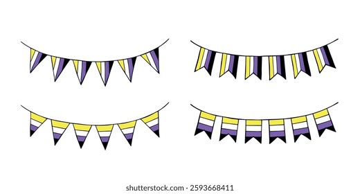 Set of colorful garland Non-binary pride flag Happy pride day LGBTQIA community Pride Month Vector hand drawn doodle for posters, stickers, logo, cards