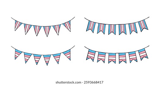 Set of colorful garland Transgender pride flag Happy pride day LGBTQIA community Pride Month Vector hand drawn doodle for posters, stickers, logo, cards