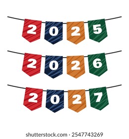 Set of colorful garlands with numbers of the year. 2025,2026,2027. Vector. Transparent background. Striped garlands